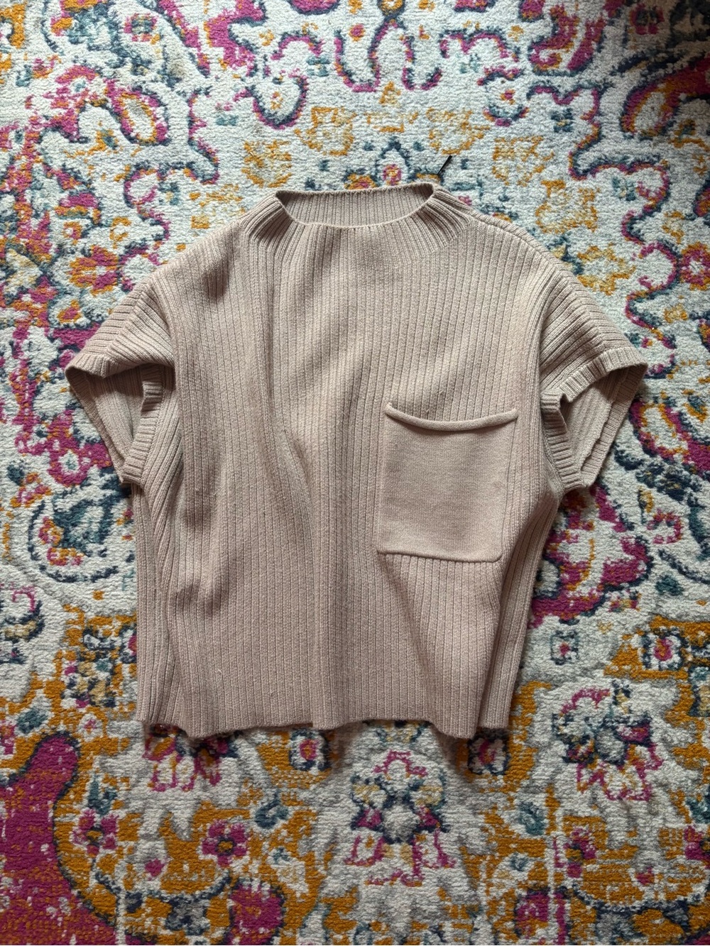 Blu Pepper Short-Sleeve Ribbed Pocket Sweater Top in Light Beige